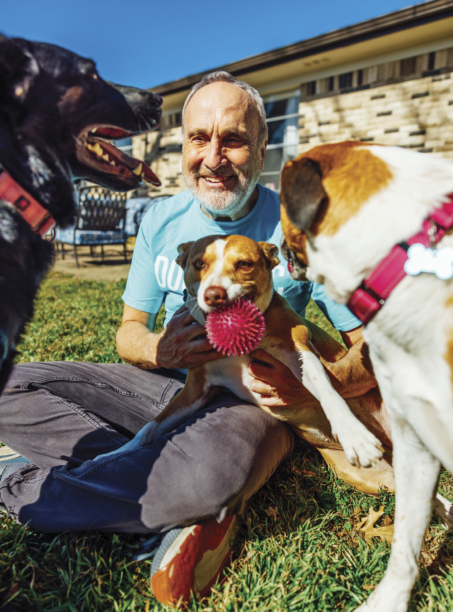 Photograph of Stephen Knight sitting on the grass playing with 3 dogs 