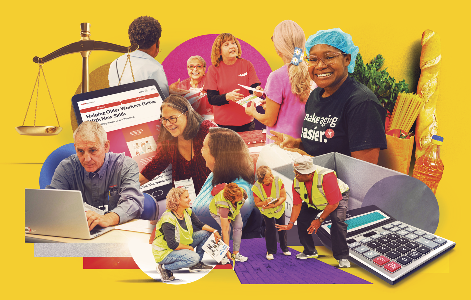 Photocollage of AARP Foundation volunteers helping with different activities.