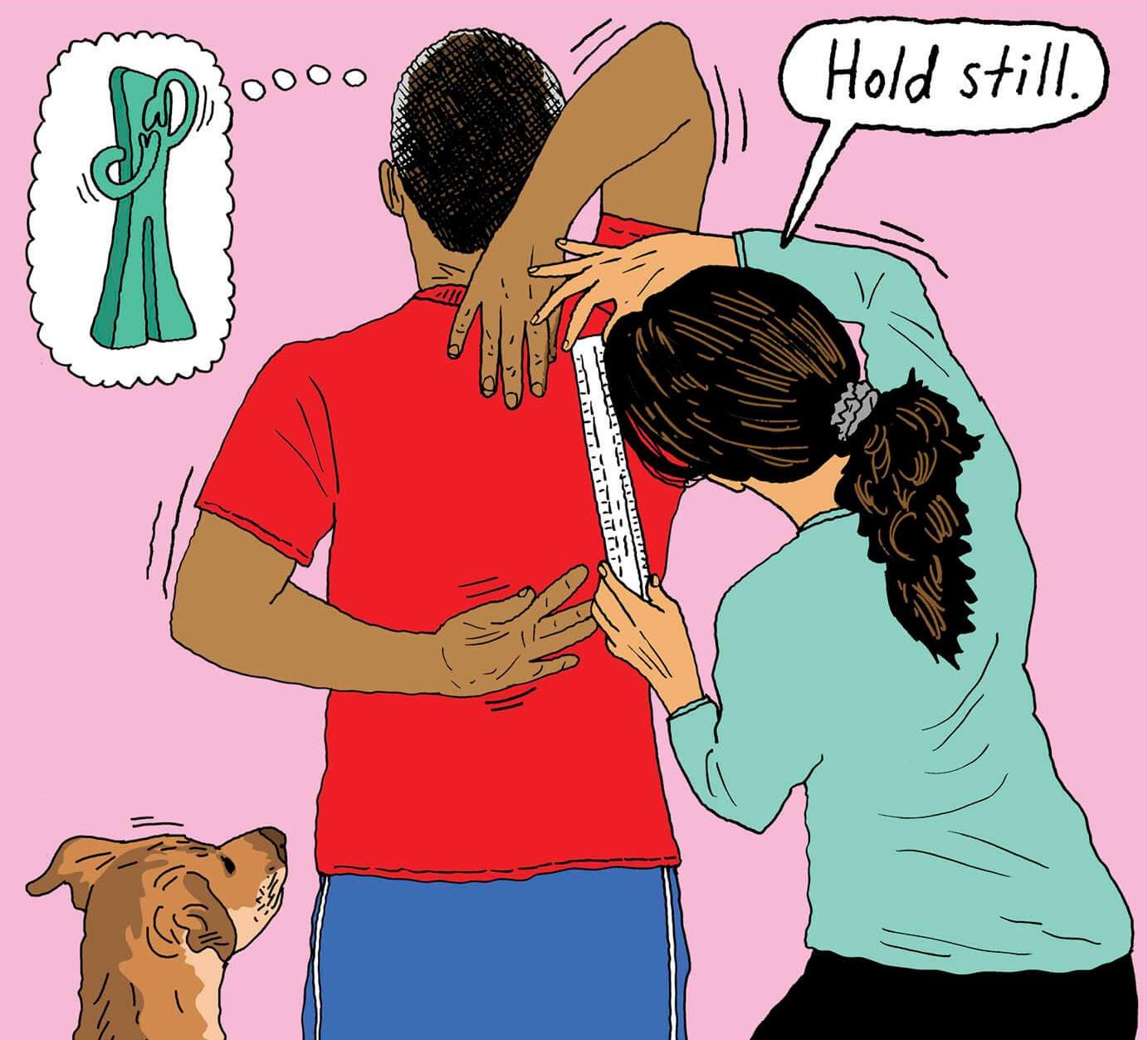 A man standing trying to grasp his hands behind his back while a woman measures how far his hands are from touching