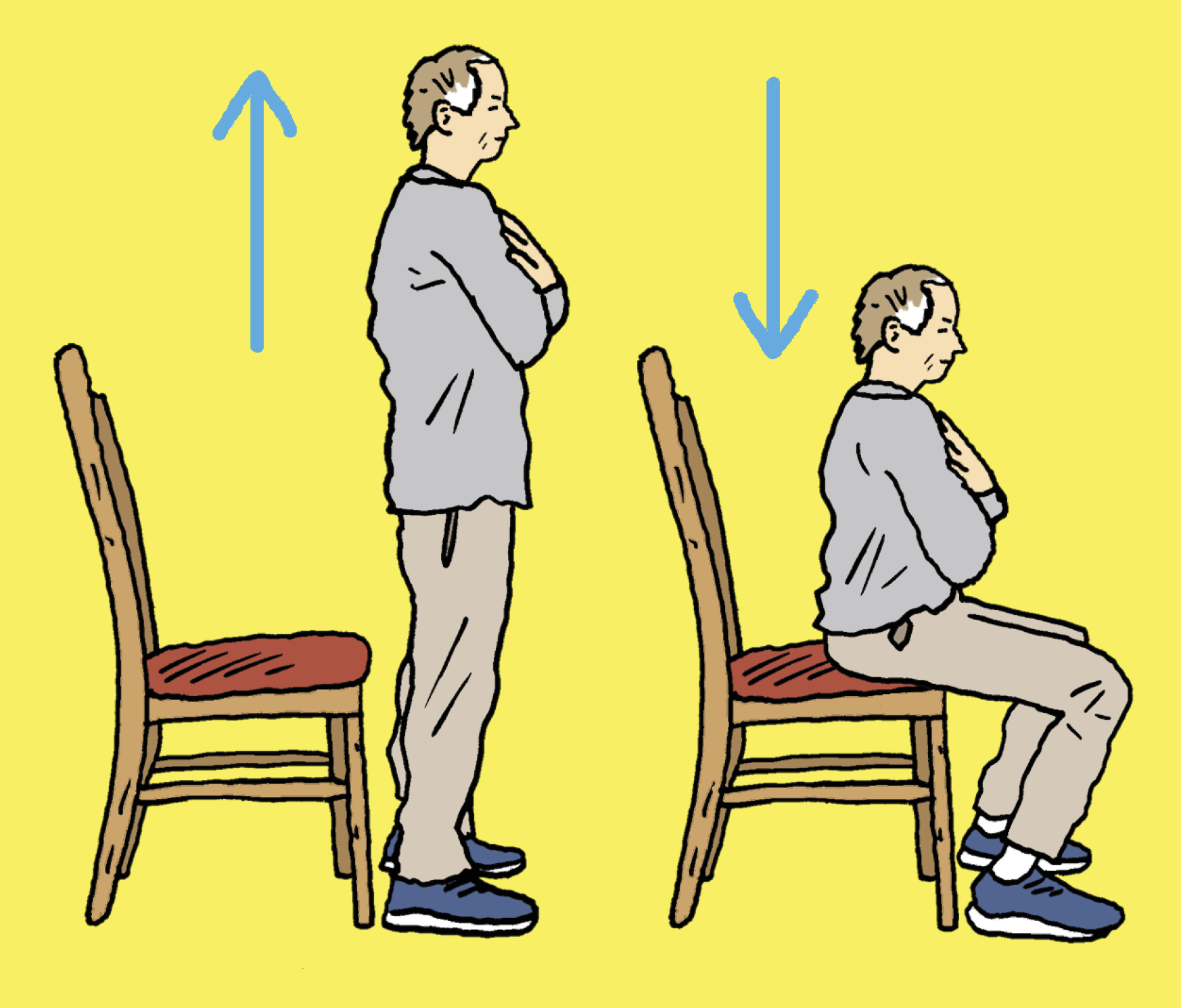 A man sitting on a chair and then standing up with his hands crossed on his chest