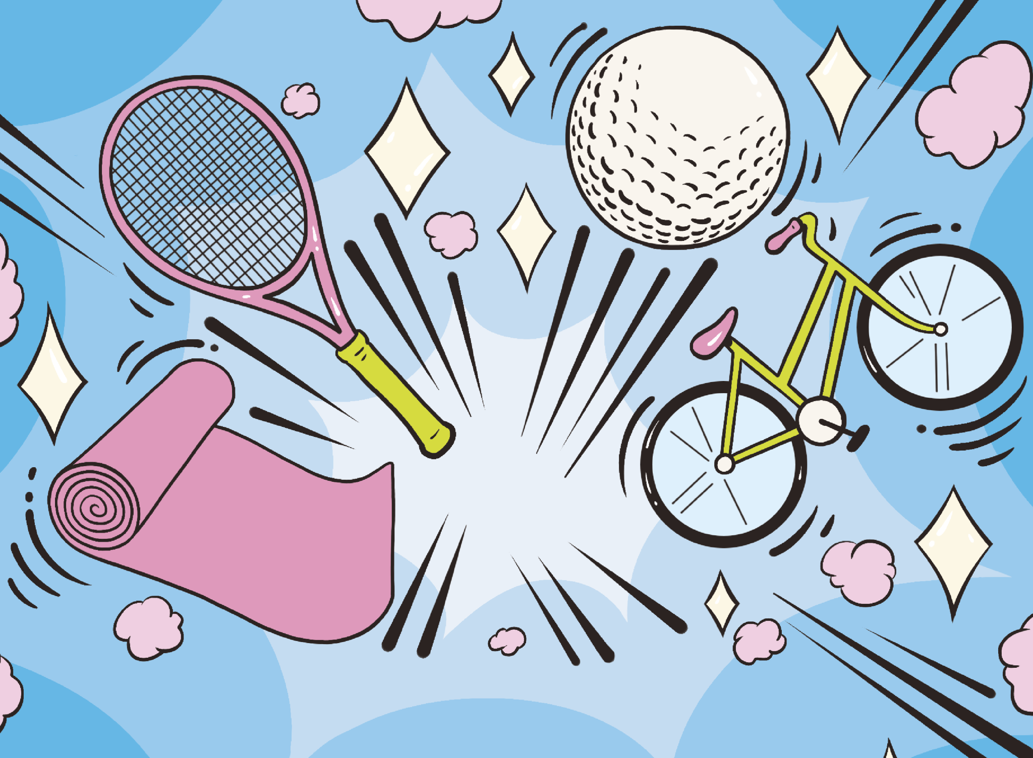 Illustration of images representing several different sports like a badminton racquet, a gold ball, a cycle, and a yoga mat