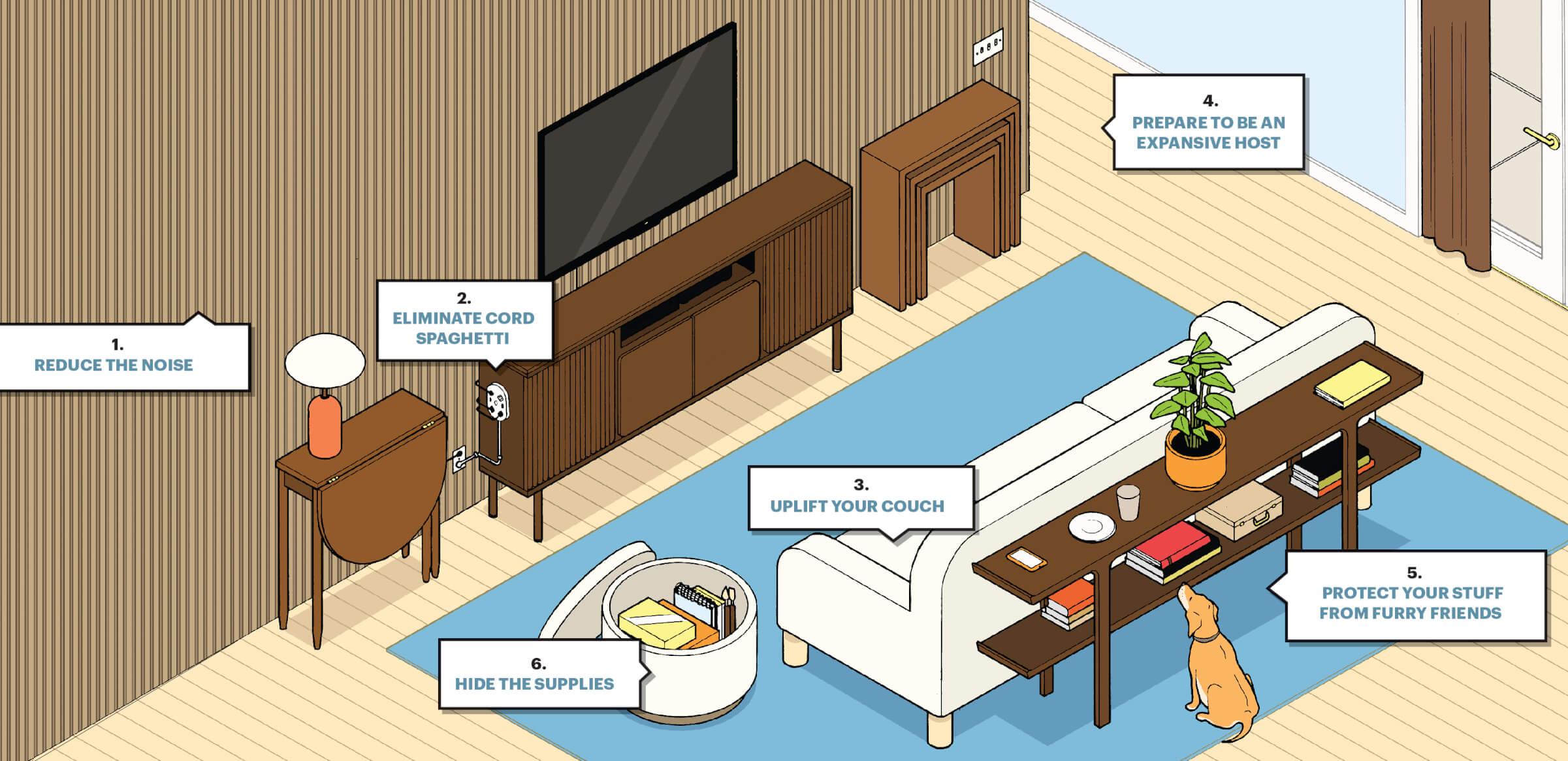 A living room with a TV, a wooden TV unit, a white chic sofa and side ottoman that opens to allow you to store additional things. A thin wooden table is lined up against the back of the sofa to allow for additional storage. 