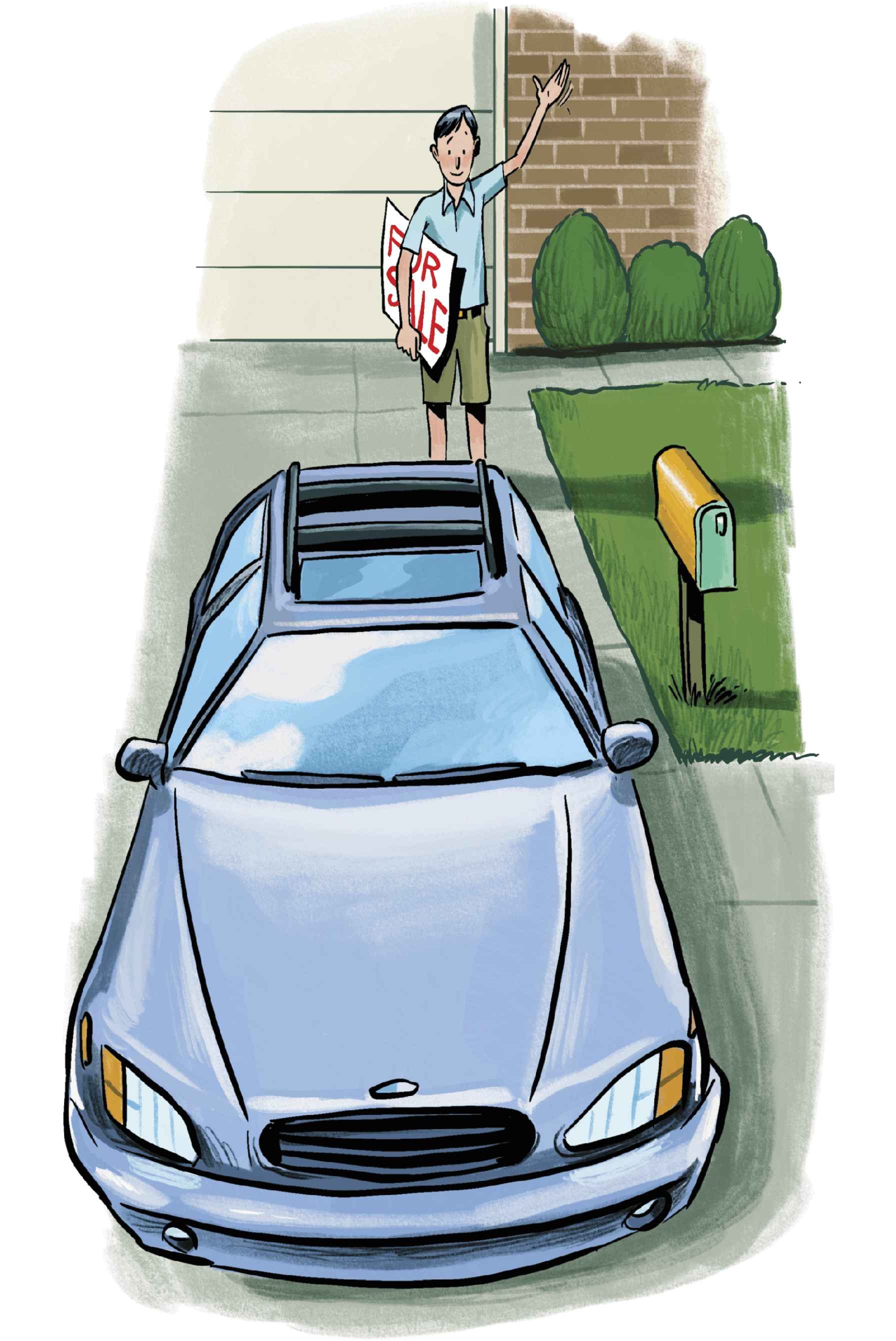 Illustration of a car heading out of the driveway of a house. A man stands at the end of the driveway waving at the car. He is also holding a For Sale sign in his hand.