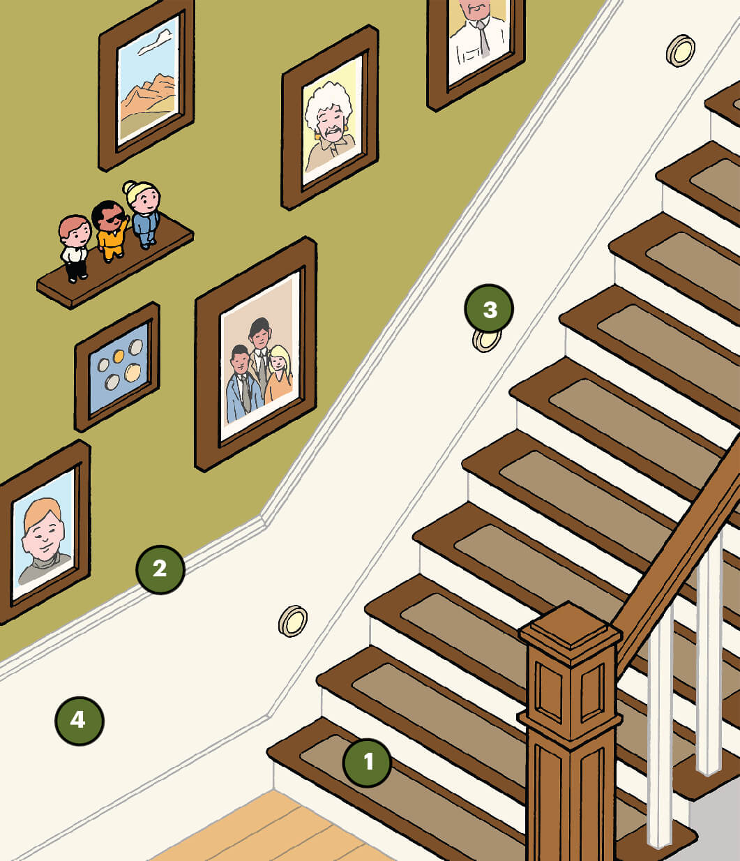 A hallway leads into the staircase that is lined with photo frames and a little shelf that has little collectables on display 