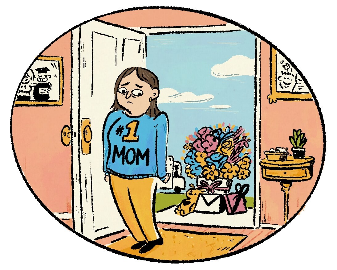 Illustration of a woman wearing a sweater saying #1 Mom and standing at the door. There is a big bouquet of flowers along with a gift and an envelope at her doorstep