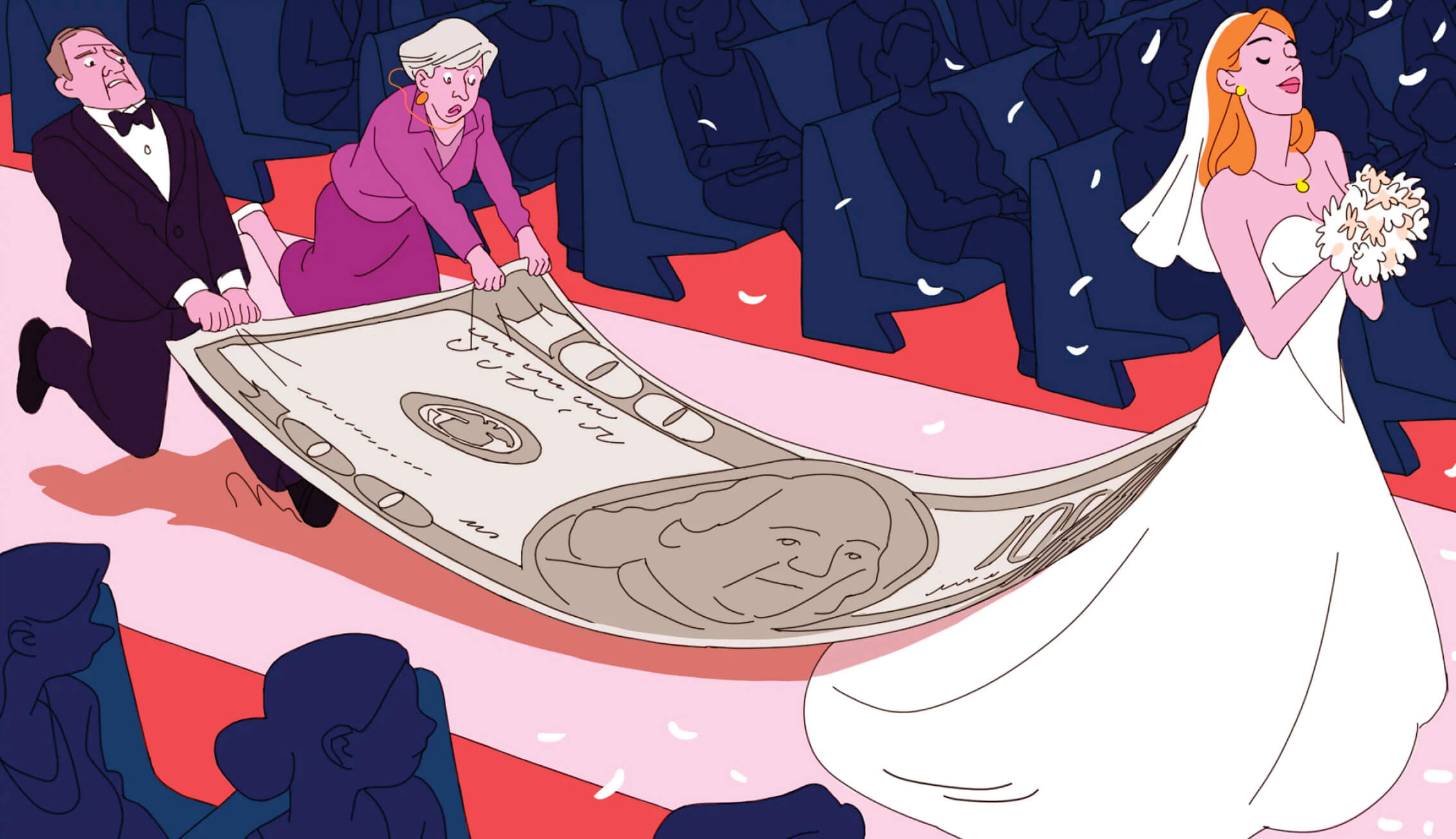 Illustration of a woman walking down the aisle in a white wedding dress. She is holding a bouquet of flowers in her hands, and her veil is a 100$ bill. Her parents are walking behind her struggling to hold up her veil