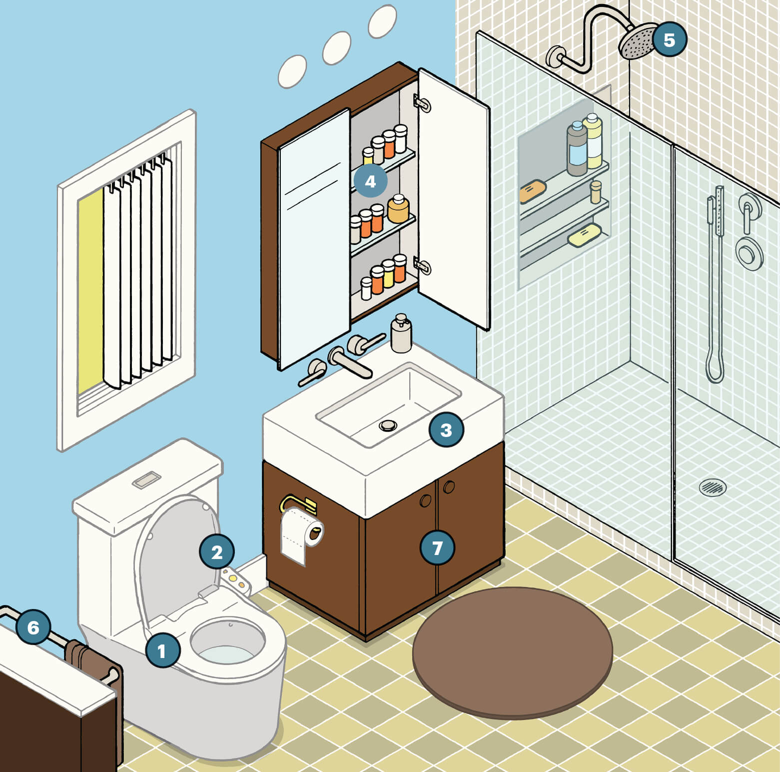 Illustration of a neat bathroom with a toilet, sink with drawers underneath it and a shower cubicle. The mirror above the sink opens to reveal storage for medicines and other bathroom essentials 