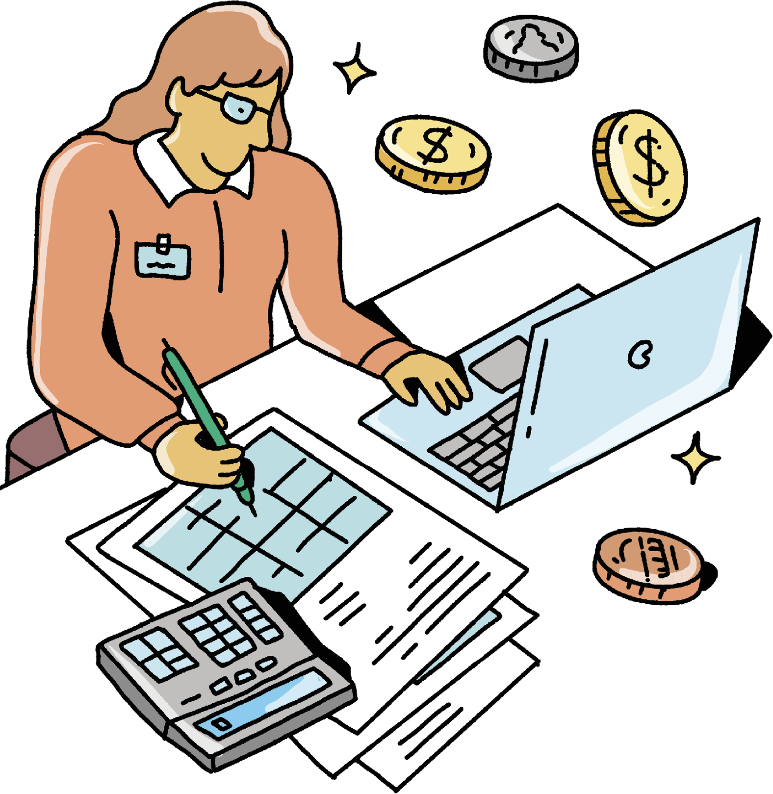 Illustration of a woman working on a computer and taking notes on a sheet of paper