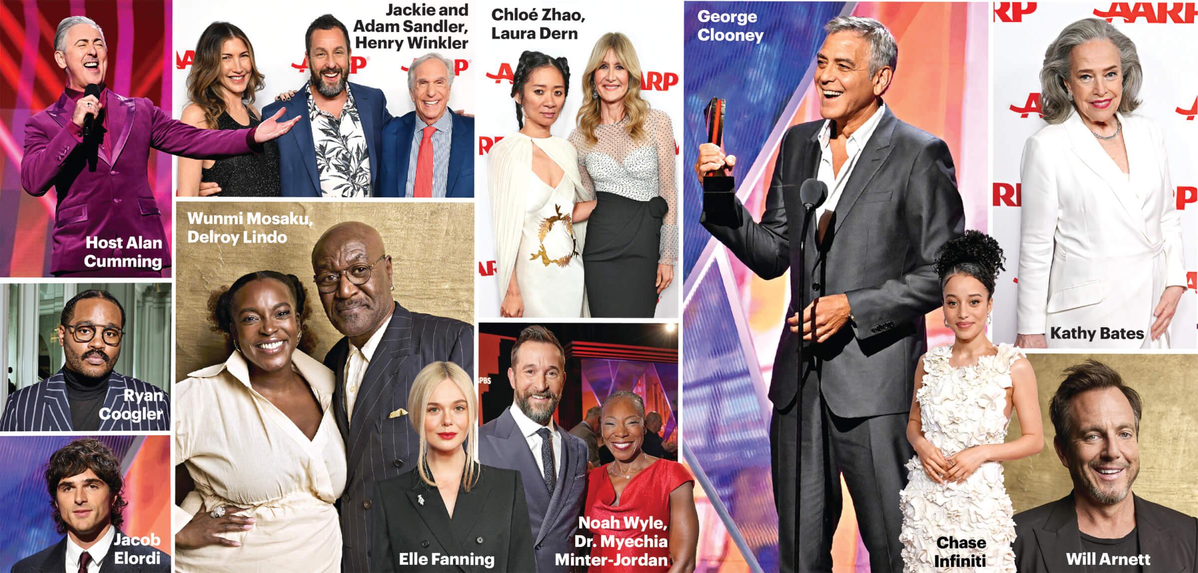 Collage of several actors who attended AARP’s Movies for Grown Ups award. Some of the actors include: George Clooney, Laura Dern, Kathy Bates, Will Arnett, Wunmi Mosaku, Delroy Lindo, Dr. Myechia Minter-Jordan and Jacob Elordi.