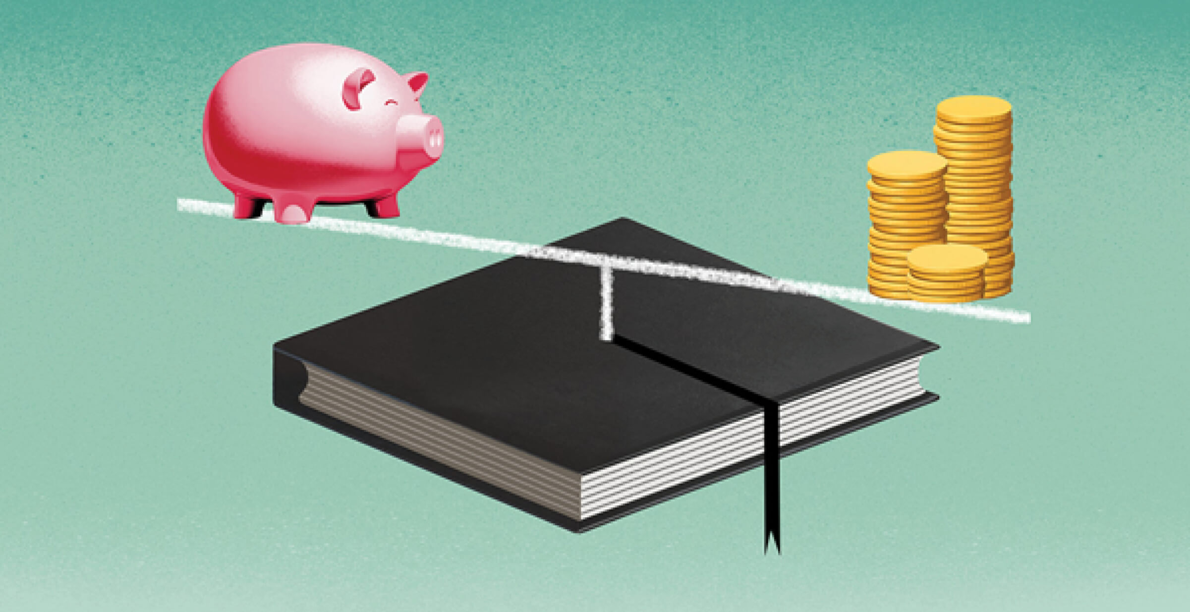 Illustration of a graduation cap being used as a scale. A piggy bank and coins are balanced on opposite sides