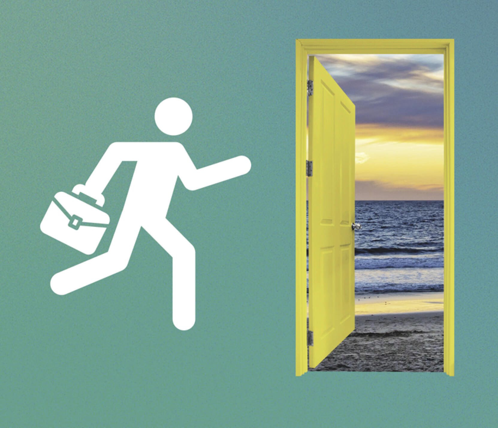 Icon of a person running with a briefcase towards an open door that leads to the beach