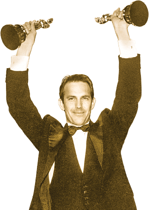 Photo of Costner holding up two Oscars