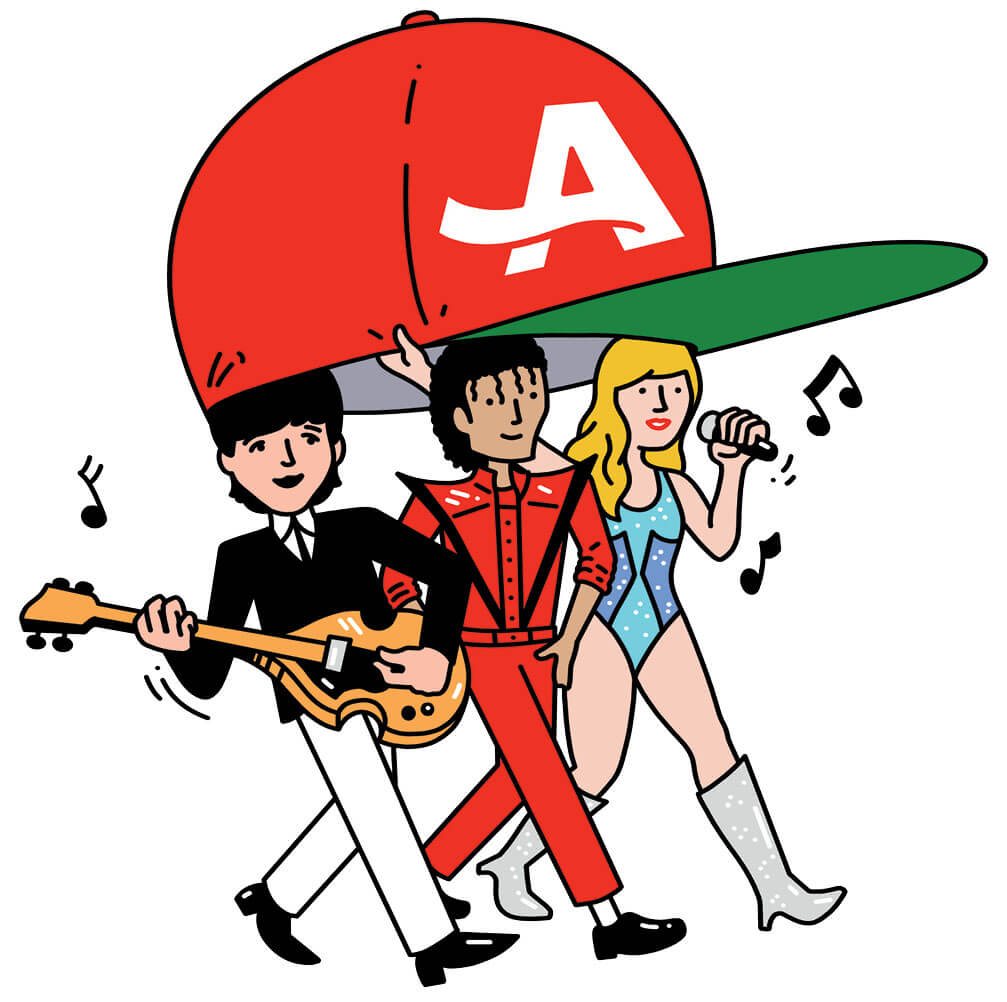 Illustration of Paul McCartney, Michael Jackson, and Taylor Swift standing under a giant red AARP baseball cap