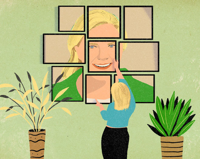 Illustration of a woman rearranging frames on the wall, revealing a portrait of herself