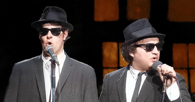 Photo of John Belushi and Dan Aykroyd as the Blues Brothers