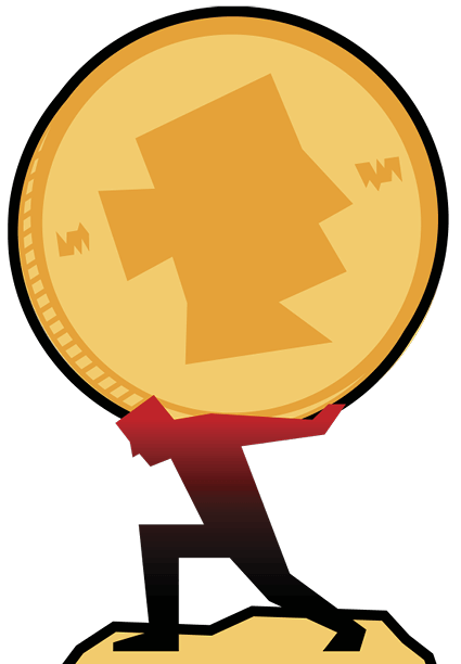 Illustration of a man holding up a giant coin on his back