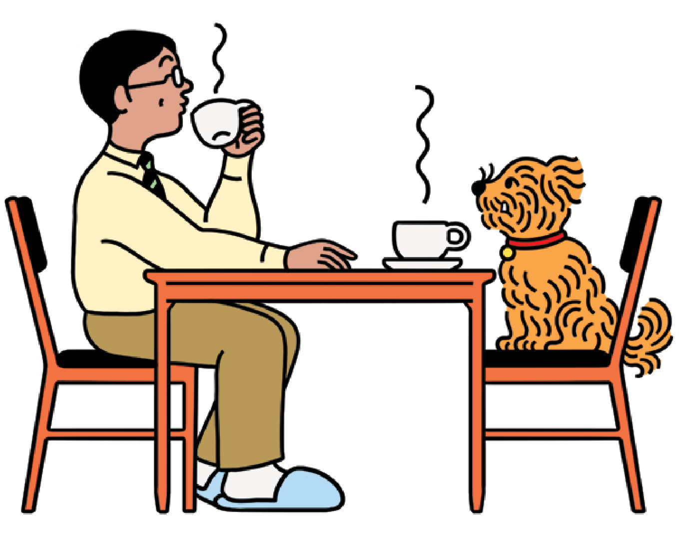 Illustration of a man sitting at the breakfast table with his dog