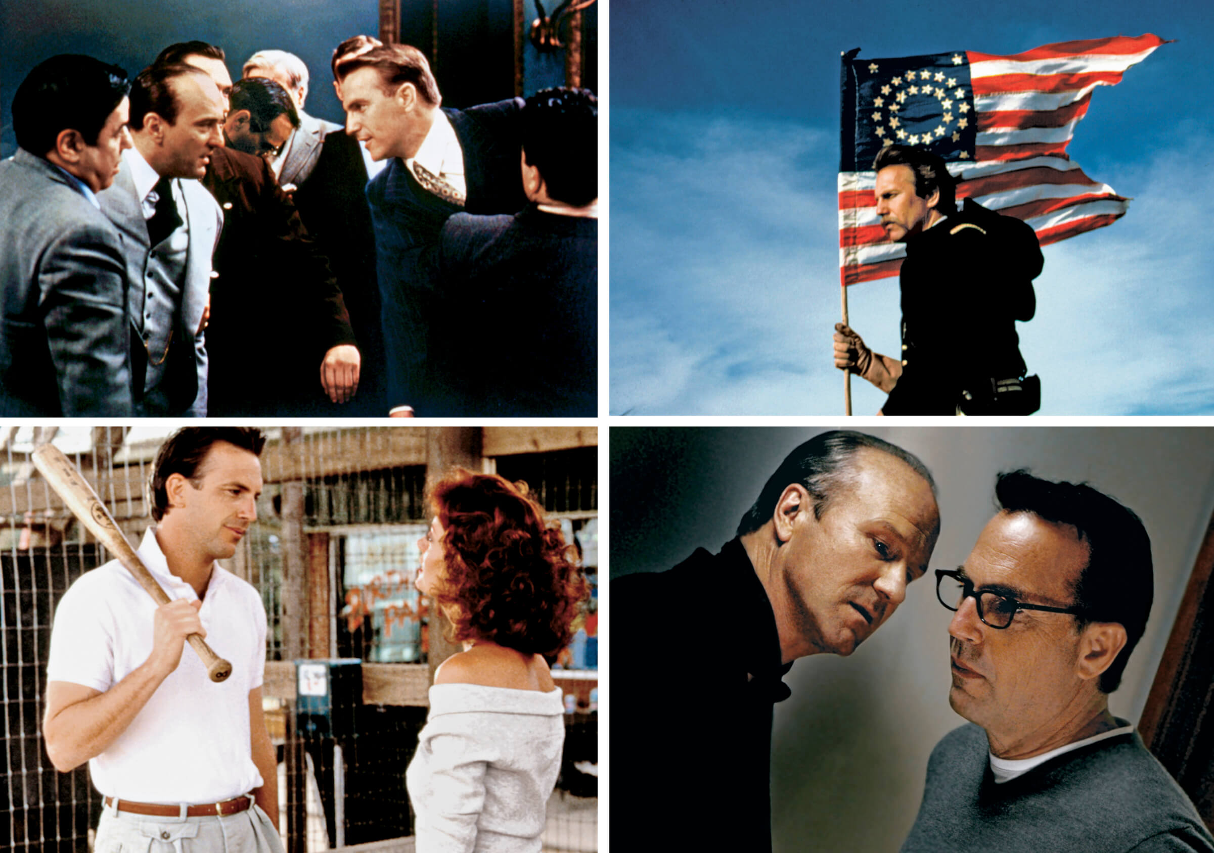 Photos of Kevin Costner in The Untouchables, Dances With Wolves, Bull Durham, and Mr. Brooks