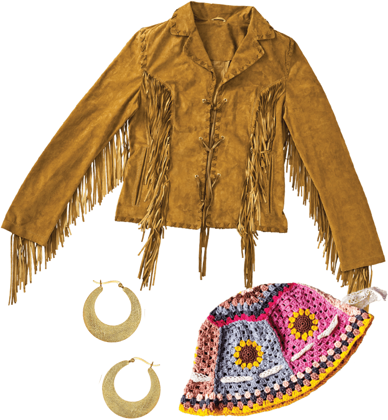 Photo of fringe jacket, earings, and crochet hat