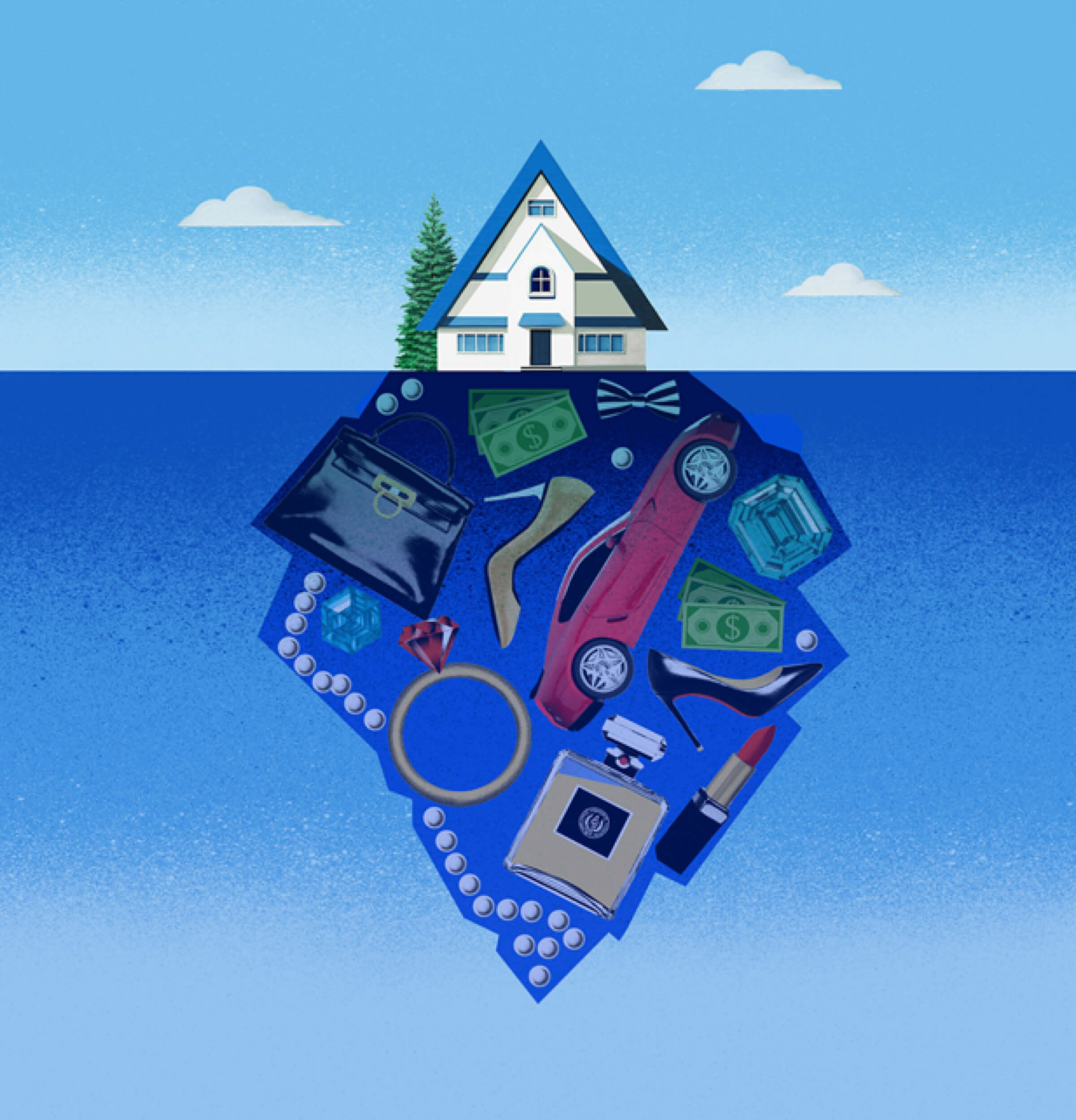 Illustration of a home iceberg. Underneath the surface is hidden money, jewelry and other assets