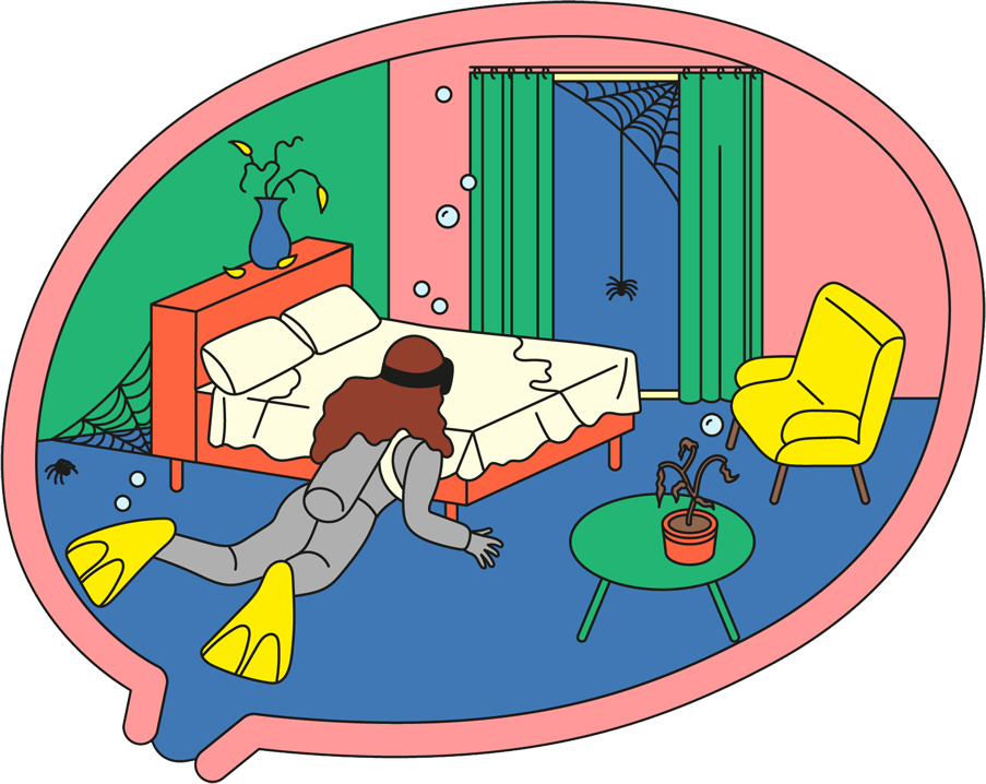 Illustration of a woman scuba diving in her uterus, which is a room with cobwebs