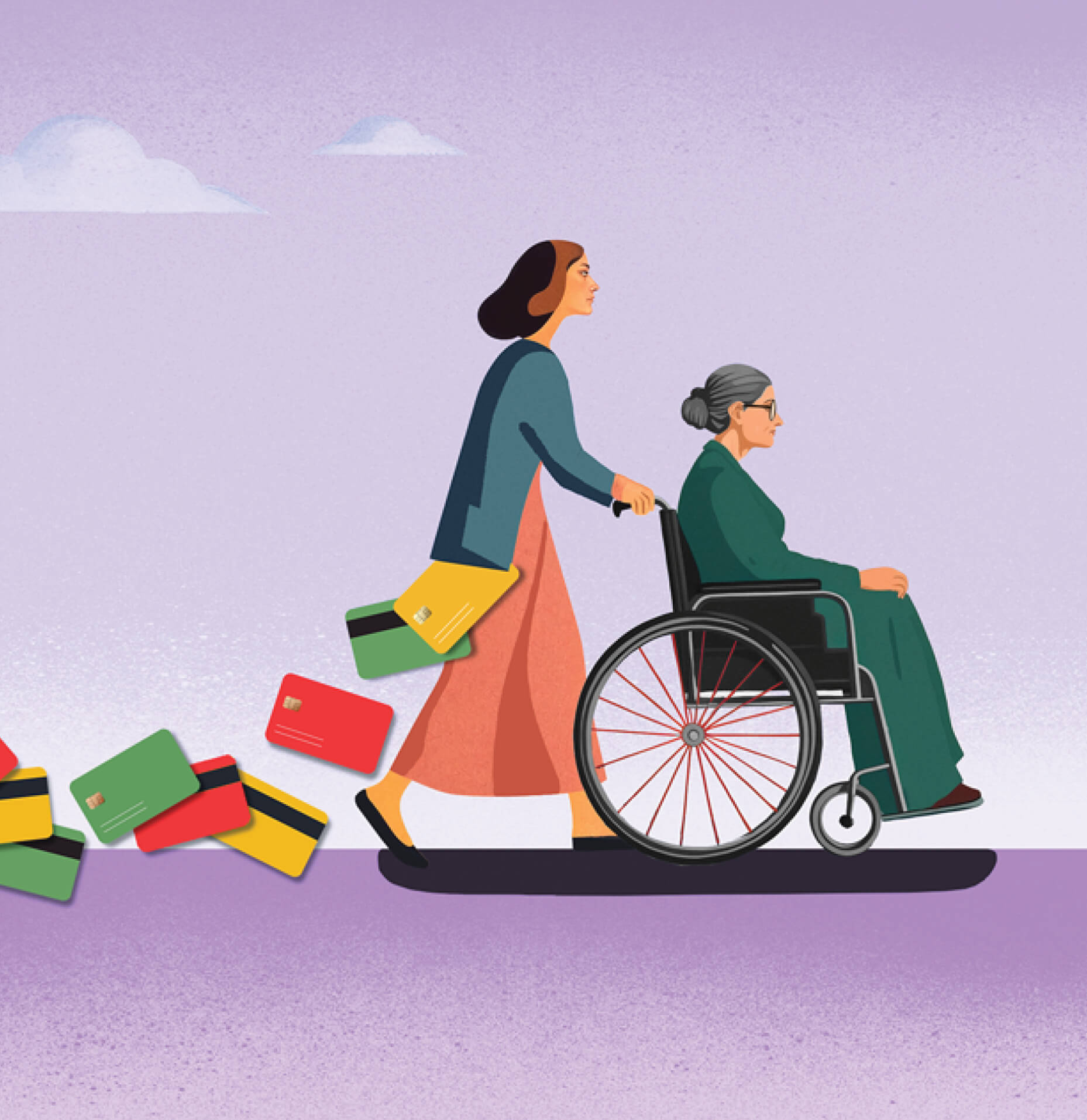 Illustration of a caregiver pushing a woman in a wheel chair. Credit cards are falling out of the pocket of the caregiver