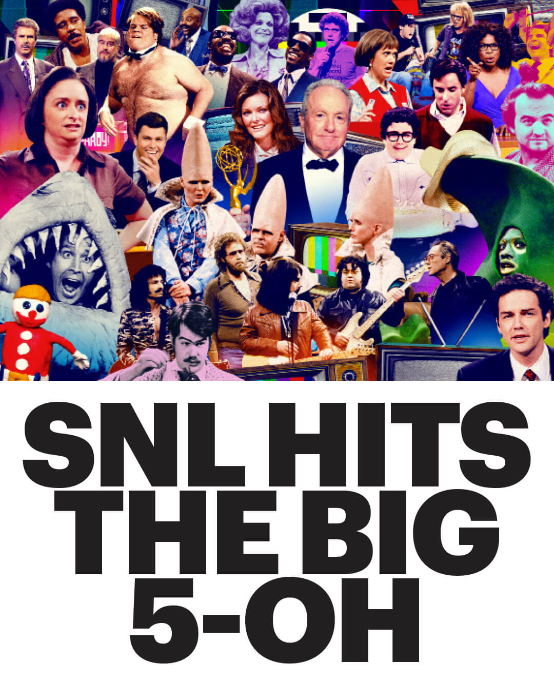 Bright photo collage of Saturday Night Live actors, characters, and famous sketches