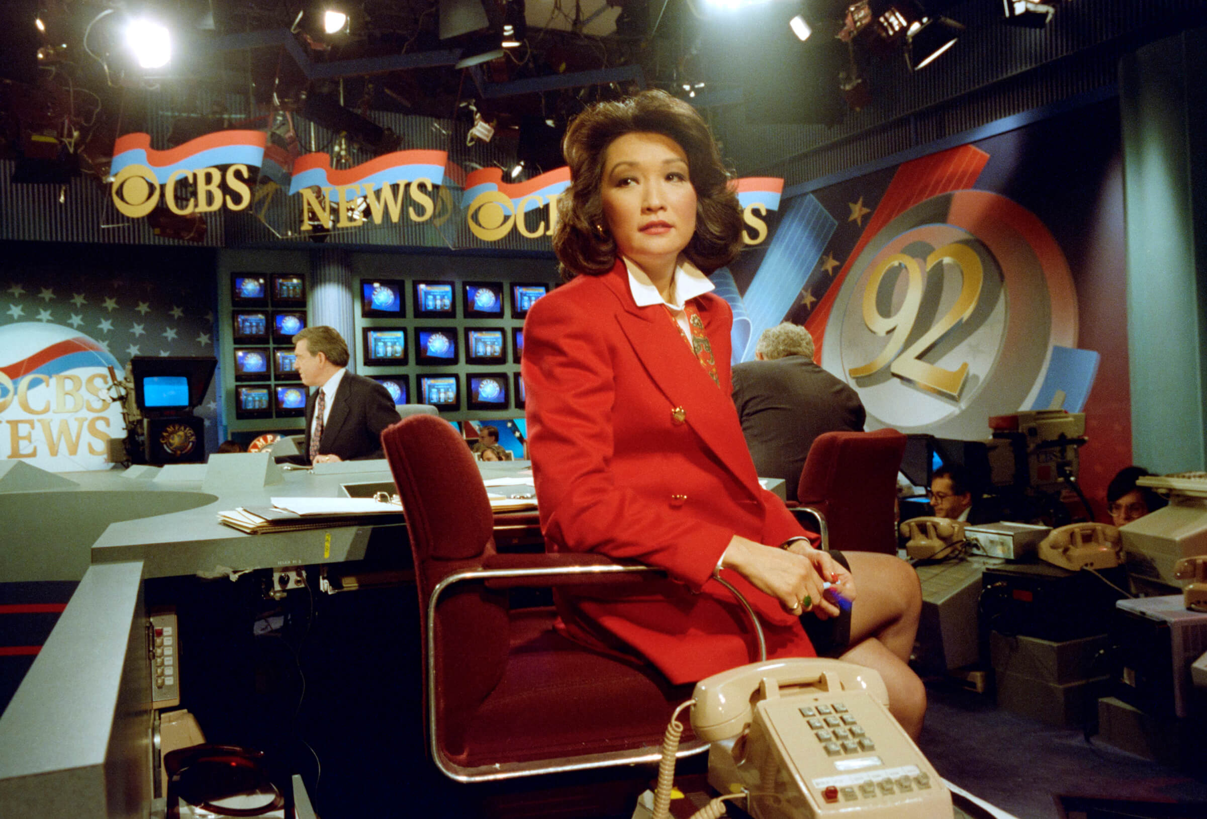 Photo portrait of Connie Chung anchoring on election night 1992