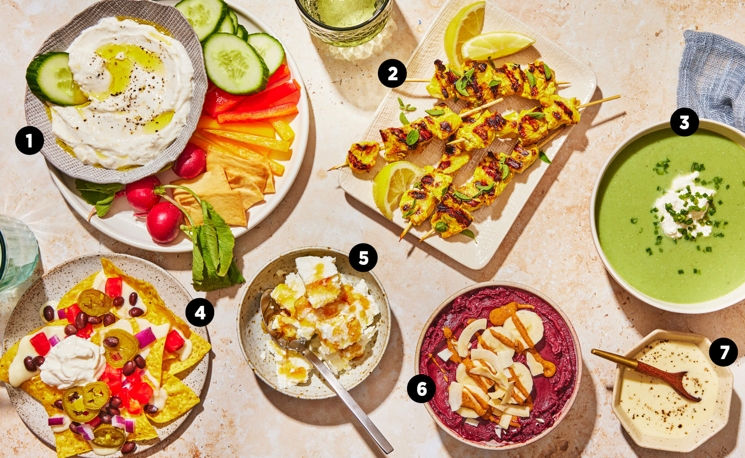 Overhead photo of greek yogurt dishes