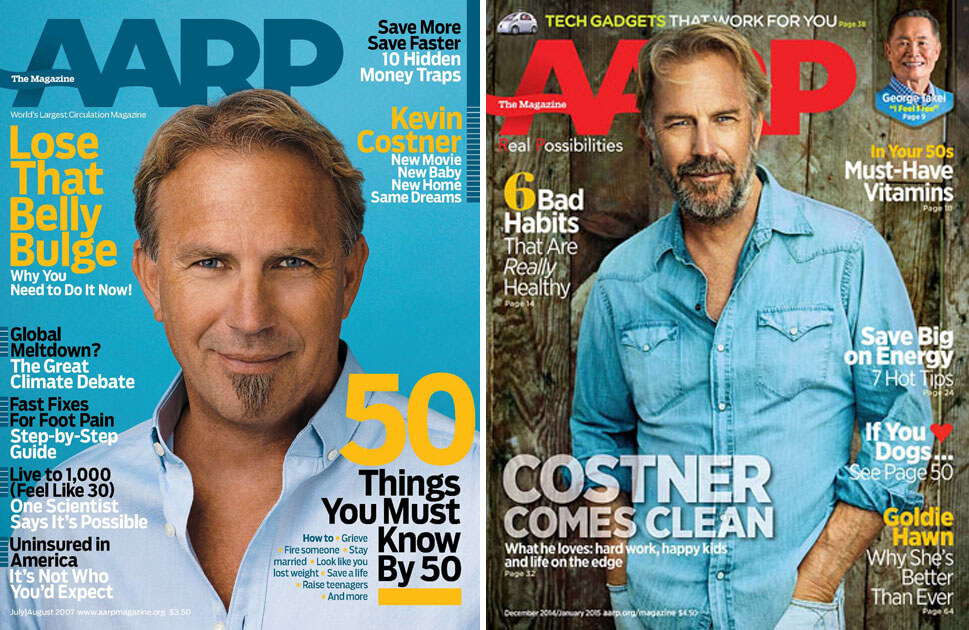 Two previous covers of AARP the Magazine featuring Kevin Costner