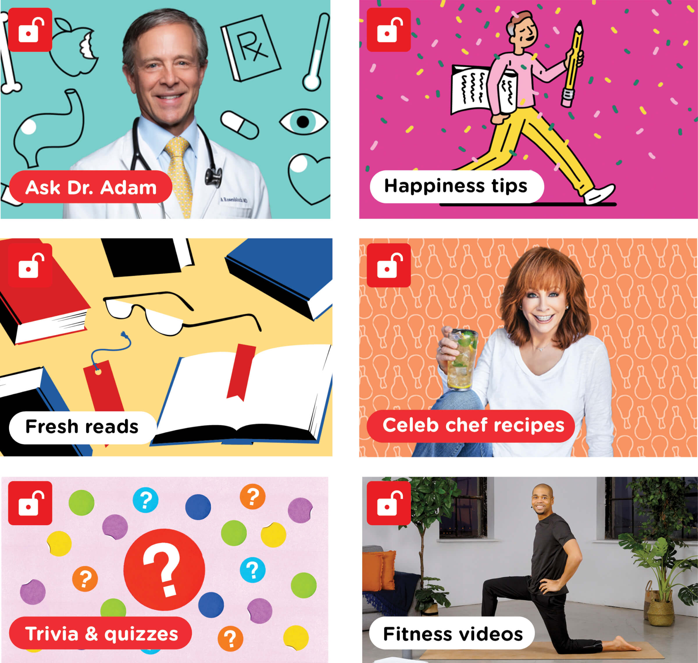 Grid of six images: Photo portrait of Dr. Adam, illustration of man walking with paper and pencil, illustration of multiple books, photo portrait of Reba McEntire, illustration of question marks, photo of fitness instructor lunging