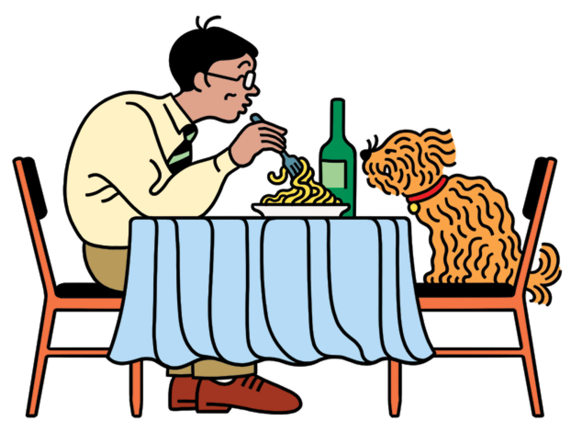 Illustration of a man sitting and hunched over the dinner table