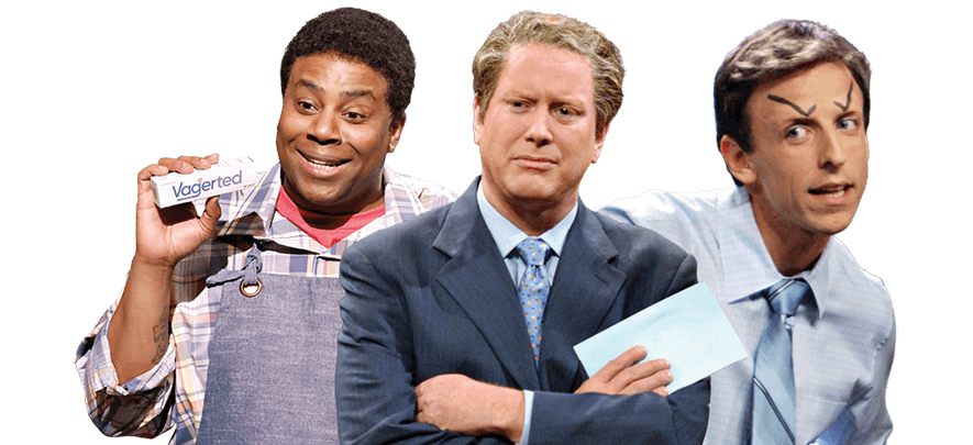 Photo collage of Kenan Thompson, Darrel Hammond, and Seth Meyers