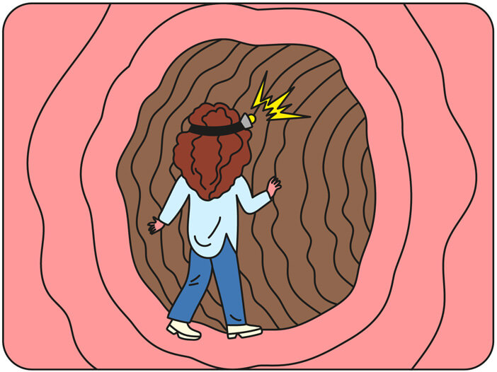 Illustration of a small woman exploring inside her body