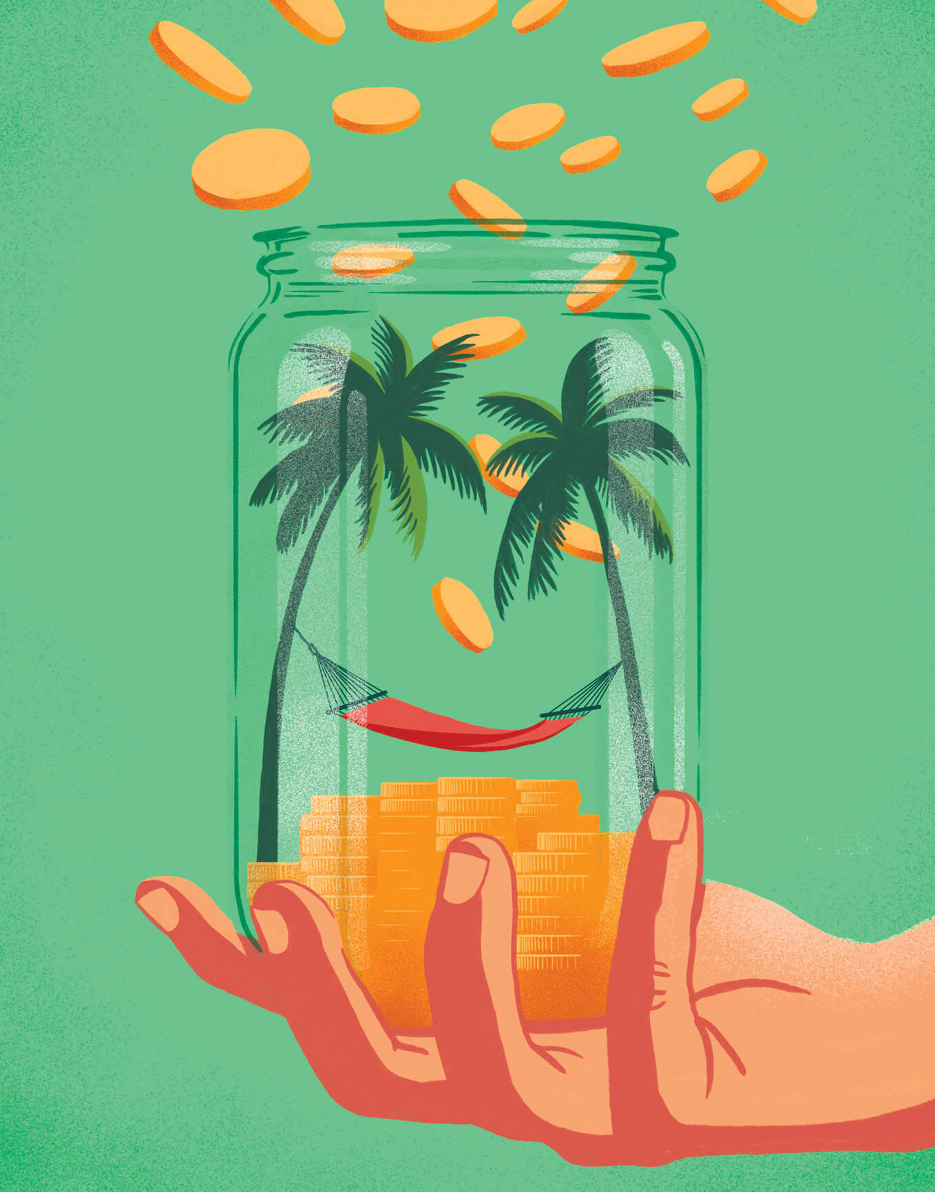 Illustration of a hand holding a jar of coins. In the jar is also two palm trees holding a hammock