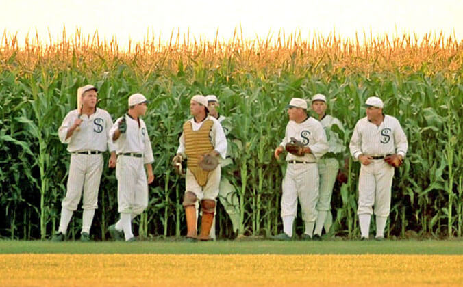 Movie still of baseball team in Field of Dreams