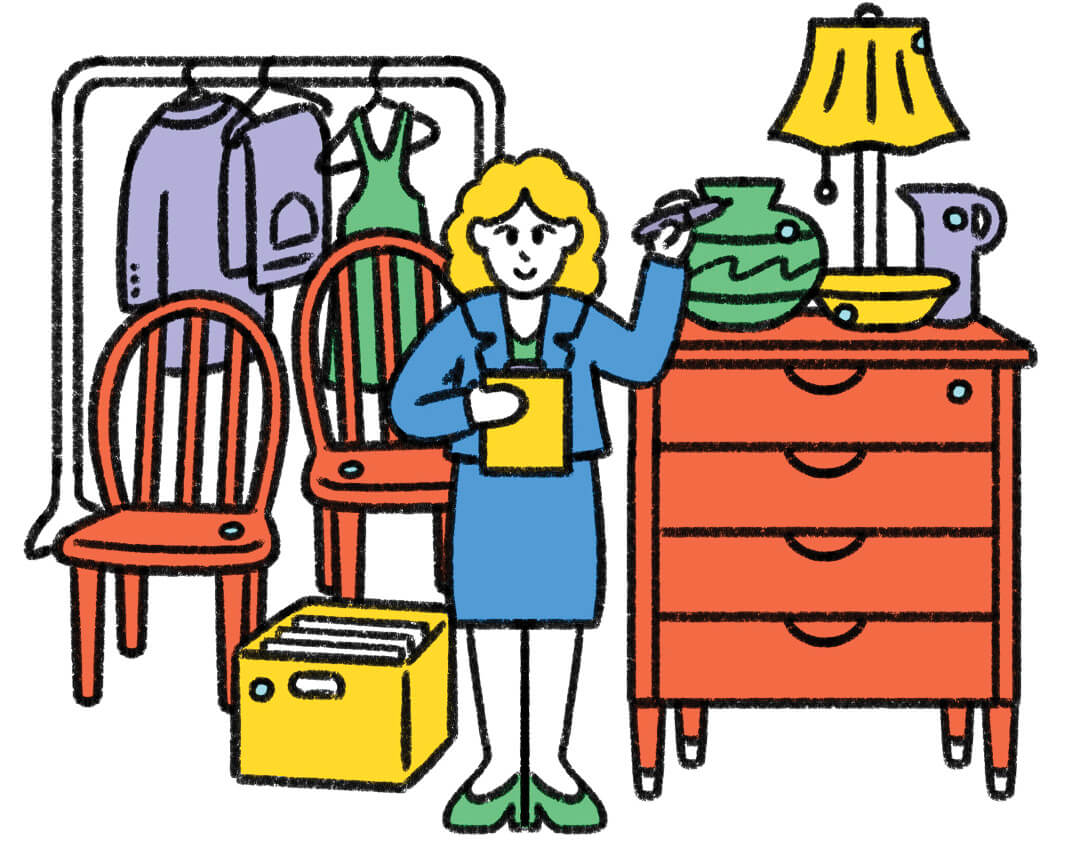 Illustration of woman holding a clipboard, standing in front of furniture and clothing