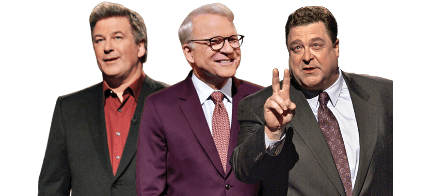 Photo collage of Alec Baldwin, Steve Martin, and John Goodman