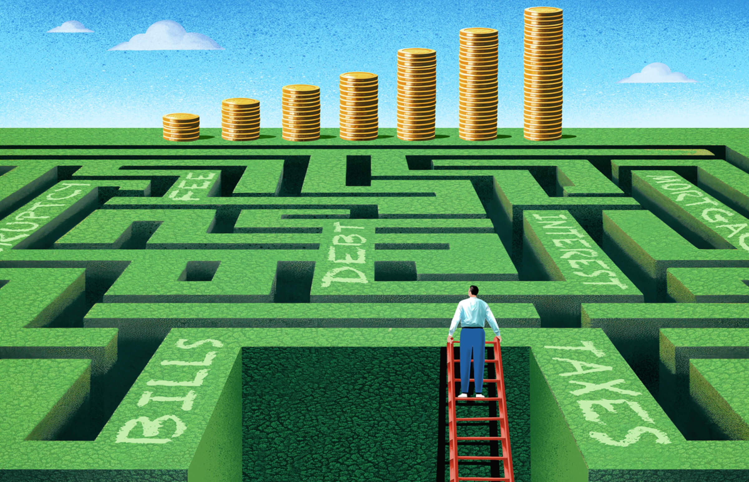 Illustration of a man standing on a ladder, looking out over a large maze. In the distance is a growing stack of gold coins.