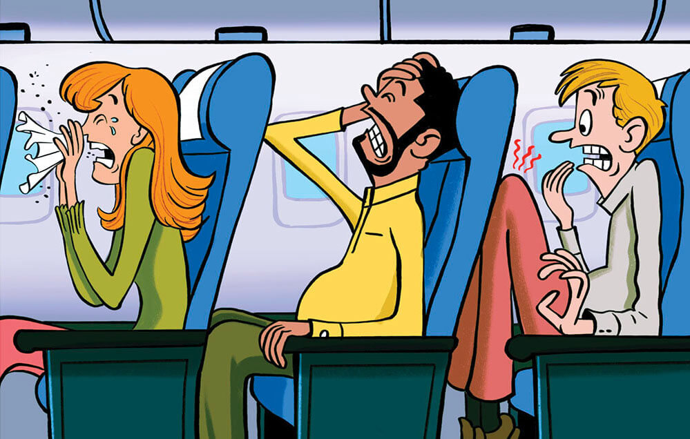 Illustration of cramped airplane seats, with a woman sneezing, a man wincing, and a man with his knees crushed