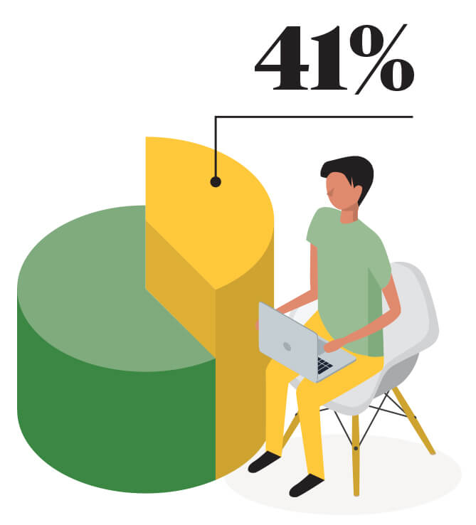 Illustration of man sitting next to a 3D pie chart