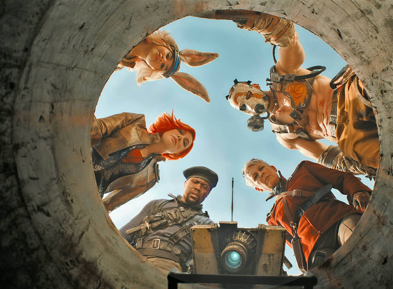 Movie still from Borderlands, character are looking down into a hole