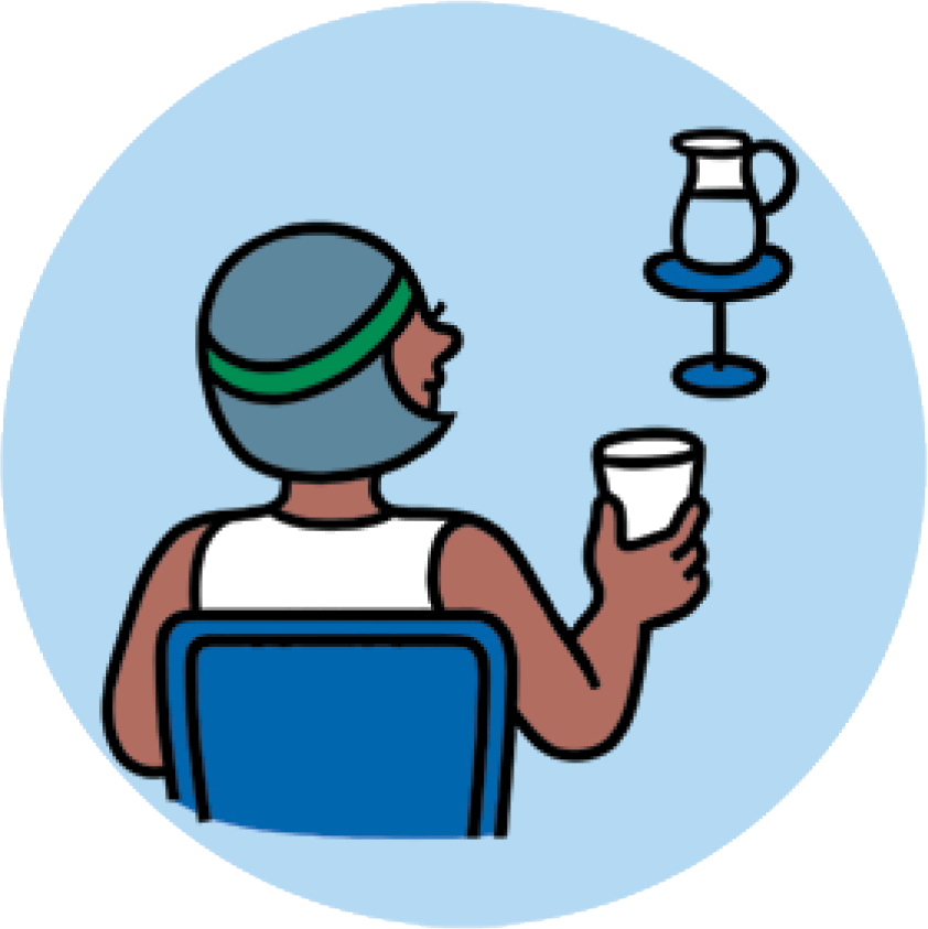 Icon of a woman sitting with an empty glass, a full jar of water is across the room