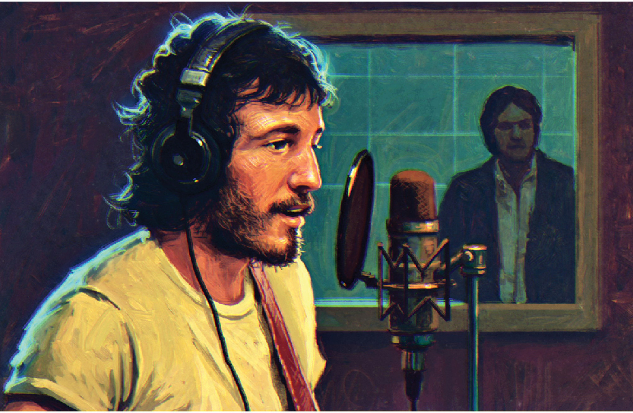 Illustration of young Bruce Springsteen in recording studio, signing into microphone