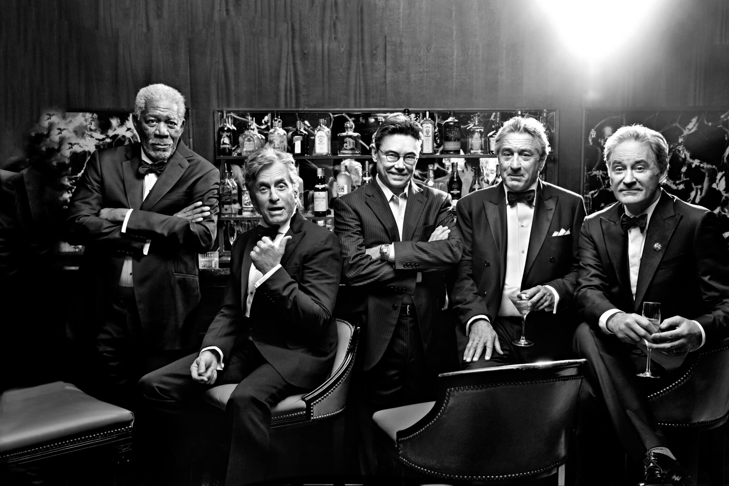 Black and white photo of Robert Love with Morgan Freeman, Michael Douglas, Robert De Niro and Kevin Kline