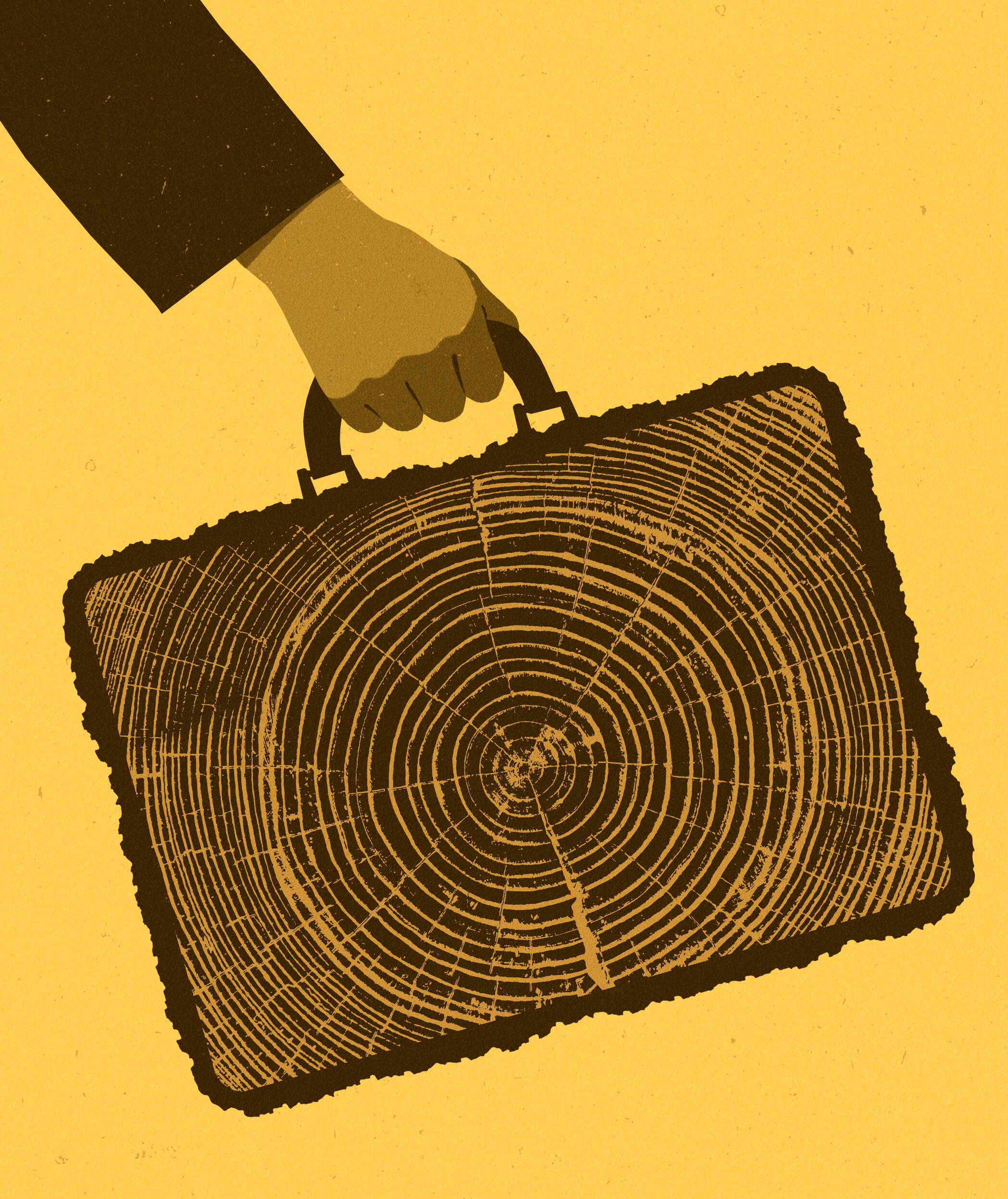 Illustration of a suited hand holding a briefcase with a tree ring pattern on the side