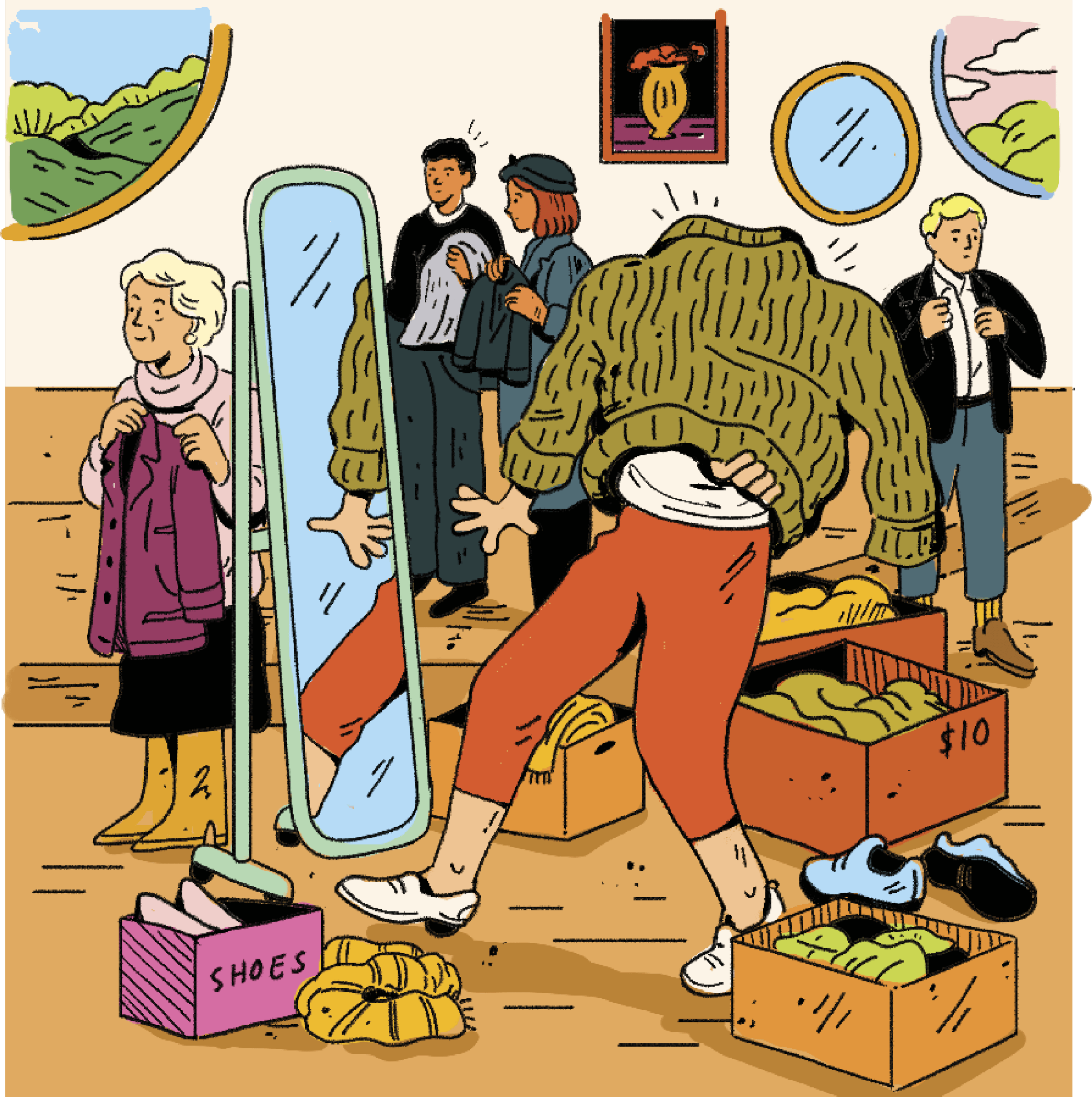 Illustration of a woman trying on a sweater, with it stuck over her head