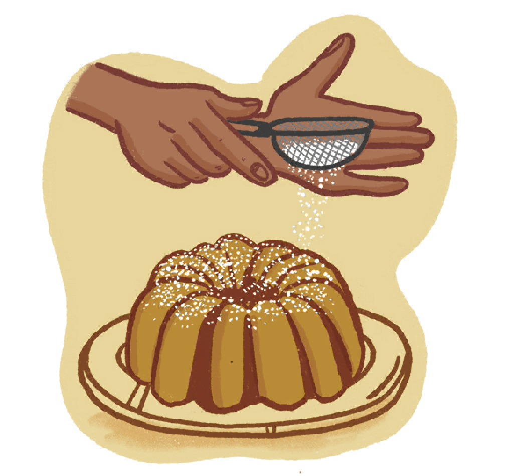 Illustration of a hand dusting powdered sugar over a bundt cake