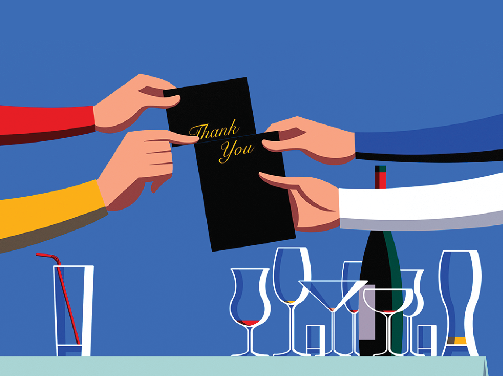 Illustration of a table with empty drink glasses, two sets of hands are pulling a restaurant bill apart in unequal parts