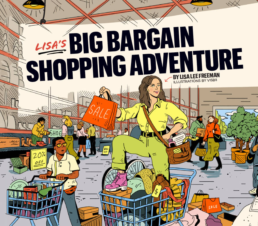 Lisa's Big Bargain Shopping Adventure. By Lisa Lee Freeman, Illustrations by Visbii. Large illustration of a woman standing in a full shopping cart, holding up a bag that says SALE. She's in a large store surrounded by other shoppers and full carts.